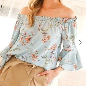 off the shoulder floral blouse with flutter sleeves